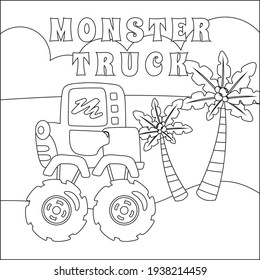 Vector illustration of monster truck with cartoon style. Cartoon isolated vector illustration, Creative vector Childish design for kids activity colouring book or page.