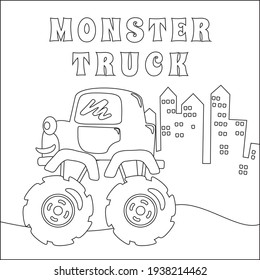 Vector illustration of monster truck with cartoon style. Cartoon isolated vector illustration, Creative vector Childish design for kids activity colouring book or page.