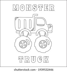 Vector illustration of monster truck with cartoon style. Cartoon isolated vector illustration, Creative vector Childish design for kids activity colouring book or page.