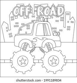 Vector illustration of monster truck with cartoon style. Childish design for kids activity colouring book or page.