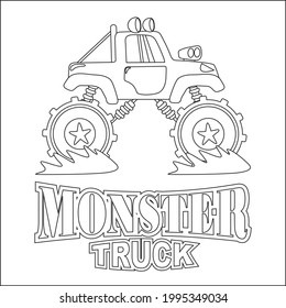 Vector illustration of monster truck with cartoon style. Childish design for kids activity colouring book or page.