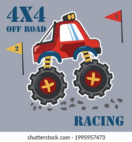 Vector illustration of monster truck with cartoon style. Can be used for t-shirt print, kids wear fashion design, invitation card. fabric, textile, nursery wallpaper, poster and other decoration.