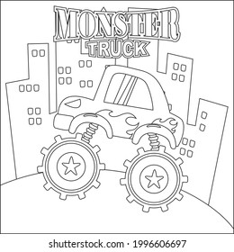 Vector illustration of monster truck with cartoon style. Childish design for kids activity colouring book or page.