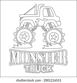 Vector illustration of monster truck with cartoon style. Childish design for kids activity colouring book or page.
