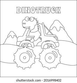 Vector illustration of monster truck with cartoon cute dinosaurs. Childish design for kids activity colouring book or page.