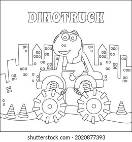 Vector illustration of monster truck with cartoon cute dinosaurs. Childish design for kids activity colouring book or page.