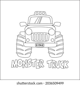Vector illustration of monster truck with cartoon style. Cartoon isolated vector illustration, Creative vector Childish design for kids activity colouring book or page.