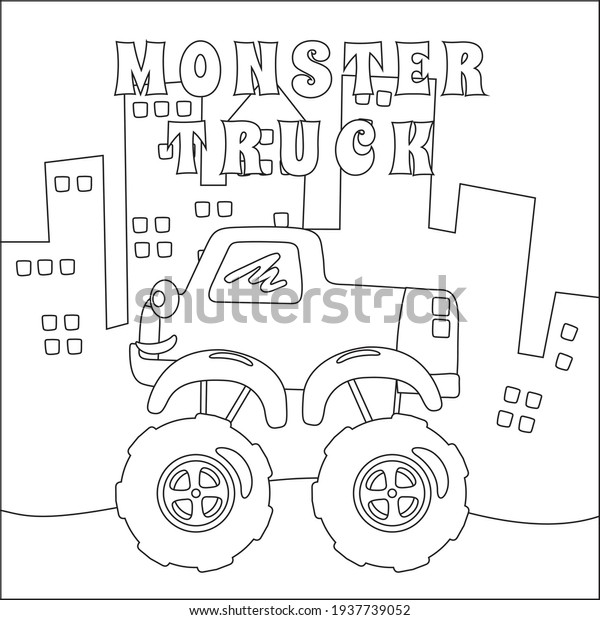 Vector illustration of\
monster truck with cartoon style. Cartoon isolated vector\
illustration, Creative vector Childish design for kids activity\
colouring book or page.