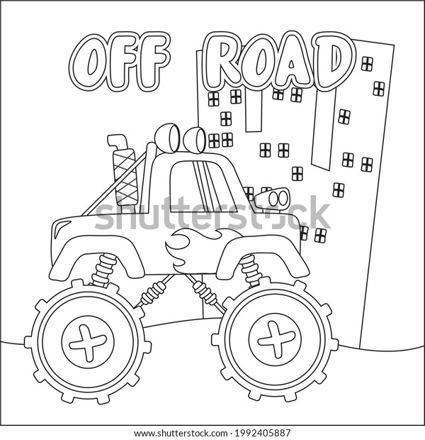 Vector\
illustration of monster truck with cartoon style. Childish design\
for kids activity colouring book or\
page.