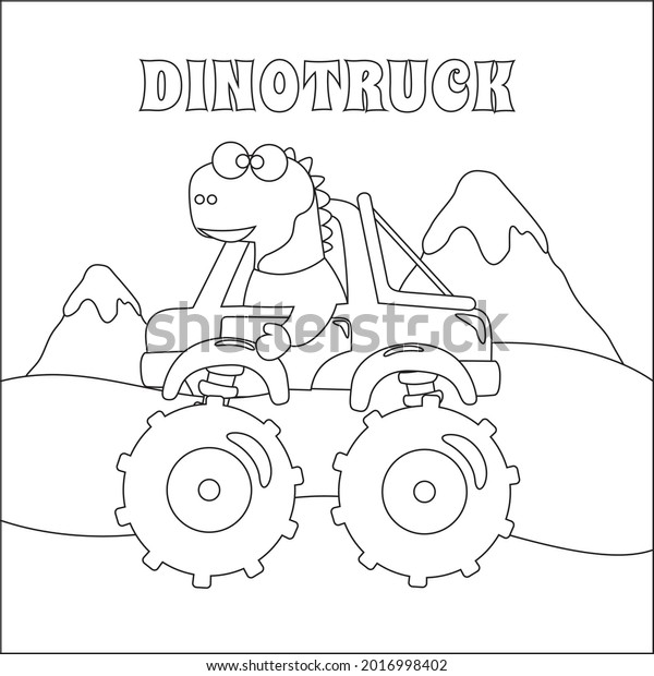 Vector\
illustration of monster truck with cartoon cute dinosaurs. Childish\
design for kids activity colouring book or\
page.