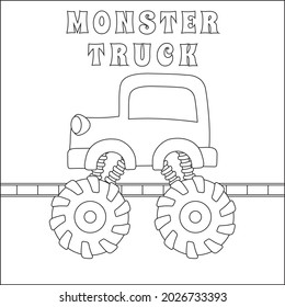 Vector illustration of monster truck with cute dinosaur driver. Cartoon isolated vector illustration, Creative vector Childish design for kids activity colouring book or page.