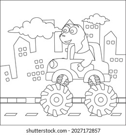 Vector illustration of monster truck with cute dinosaur driver. Cartoon isolated vector illustration, Creative vector Childish design for kids activity colouring book or page.
