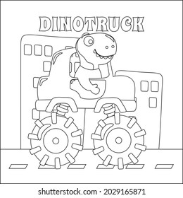 Vector illustration of monster truck with cute dinosaur driver. Cartoon isolated vector illustration, Creative vector Childish design for kids activity colouring book or page.