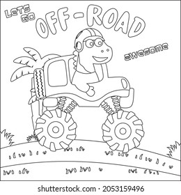 Vector illustration of monster truck with cute dinosaur driver. Cartoon isolated vector illustration, Creative vector Childish design for kids activity colouring book or page.