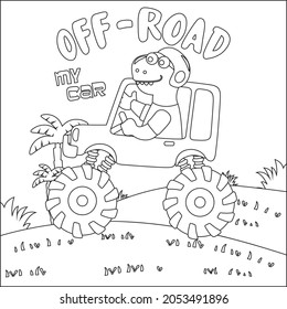 Vector illustration of monster truck with cute dinosaur driver. Cartoon isolated vector illustration, Creative vector Childish design for kids activity colouring book or page.