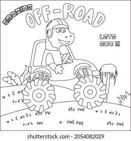 Vector illustration of monster truck with cute dinosaur driver. Cartoon isolated vector illustration, Creative vector Childish design for kids activity colouring book or page.