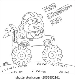 Vector illustration of monster truck with cute animal driver. Cartoon isolated vector illustration, Creative vector Childish design for kids activity colouring book or page.