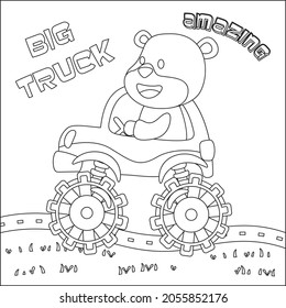 Vector illustration of monster truck with cute animal driver. Cartoon isolated vector illustration, Creative vector Childish design for kids activity colouring book or page.