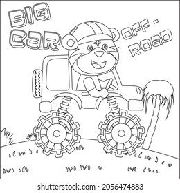 Vector illustration of monster truck with cute animal driver. Cartoon isolated vector illustration, Creative vector Childish design for kids activity colouring book or page.