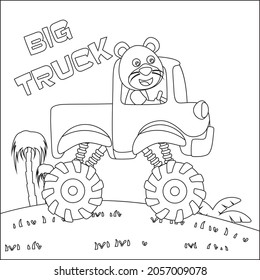 Vector illustration of monster truck with cute animal driver. Cartoon isolated vector illustration, Creative vector Childish design for kids activity colouring book or page.