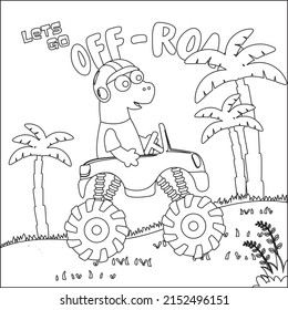 Vector illustration of monster truck with cute animal driver. Cartoon isolated vector illustration, Creative vector Childish design for kids activity colouring book or page.