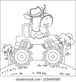 Vector illustration of monster truck with cute animal driver. Cartoon isolated vector illustration, Creative vector Childish design for kids activity colouring book or page.