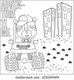 Vector illustration of monster truck with cute tiger driver. Cartoon isolated vector illustration, Creative vector Childish design for kids activity colouring book or page.