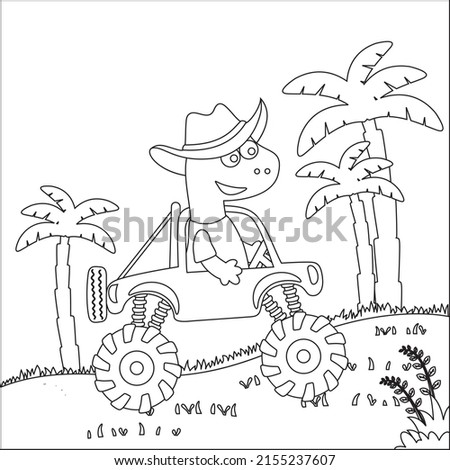 Vector illustration of monster truck with cute animal driver. Cartoon isolated vector illustration, Creative vector Childish design for kids activity colouring book or page.