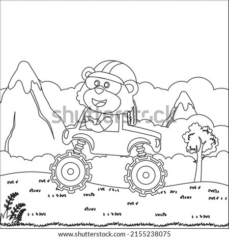 Vector illustration of monster truck with cute animal driver. Cartoon isolated vector illustration, Creative vector Childish design for kids activity colouring book or page.