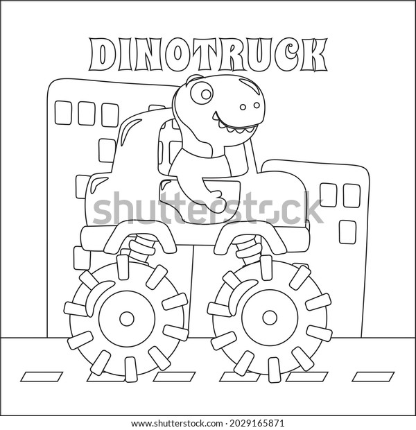 Vector illustration\
of monster truck with cute dinosaur driver. Cartoon isolated vector\
illustration, Creative vector Childish design for kids activity\
colouring book or page.
