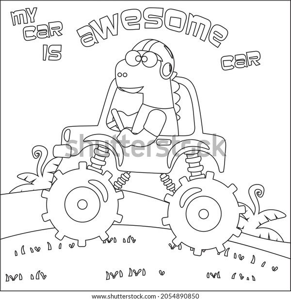 Vector illustration\
of monster truck with cute dinosaur driver. Cartoon isolated vector\
illustration, Creative vector Childish design for kids activity\
colouring book or page.
