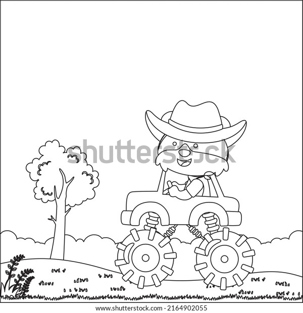 Vector illustration\
of monster truck with cute animal driver. Cartoon isolated vector\
illustration, Creative vector Childish design for kids activity\
colouring book or page.