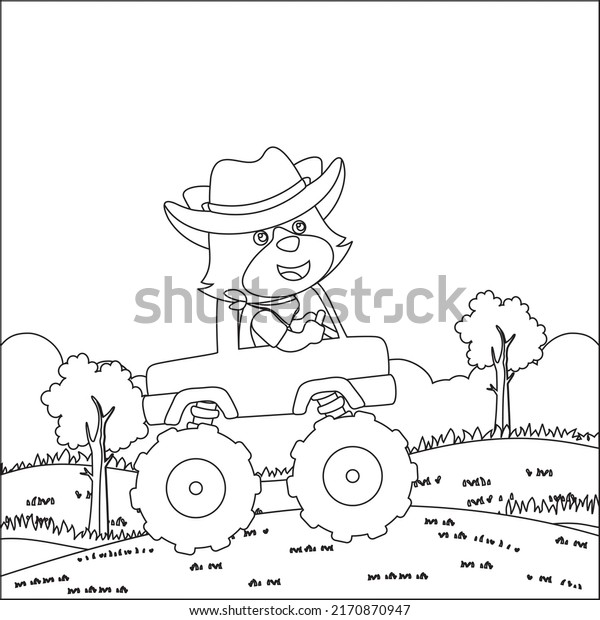 Vector illustration\
of monster truck with cute animal driver. Cartoon isolated vector\
illustration, Creative vector Childish design for kids activity\
colouring book or page.