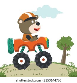 Vector illustration of monster truck with funny animal driver. Can be used for t-shirt print, kids wear fashion design, invitation card. fabric, textile, nursery wallpaper, poster and other decoration