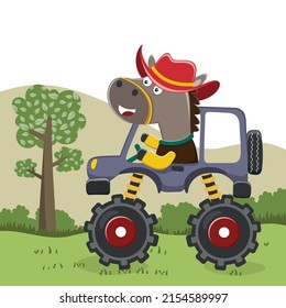 Vector illustration of monster truck with funny animal driver. Can be used for t-shirt print, kids wear fashion design, invitation card. fabric, textile, nursery wallpaper, poster and other decoration