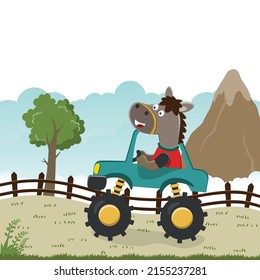 Vector illustration of monster truck with funny animal driver. Can be used for t-shirt print, kids wear fashion design, invitation card. fabric, textile, nursery wallpaper, poster and other decoration