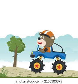 Vector illustration of monster truck with funny animal driver. Can be used for t-shirt print, kids wear fashion design, invitation card. fabric, textile, nursery wallpaper, poster and other decoration