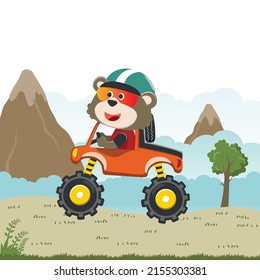 Vector illustration of monster truck with funny animal driver. Can be used for t-shirt print, kids wear fashion design, invitation card. fabric, textile, nursery wallpaper, poster and other decoration