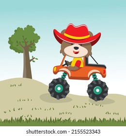 Vector illustration of monster truck with funny animal driver. Can be used for t-shirt print, kids wear fashion design, invitation card. fabric, textile, nursery wallpaper, poster and other decoration