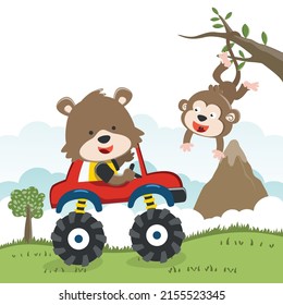 Vector illustration of monster truck with funny animal driver. Can be used for t-shirt print, kids wear fashion design, invitation card. fabric, textile, nursery wallpaper, poster and other decoration