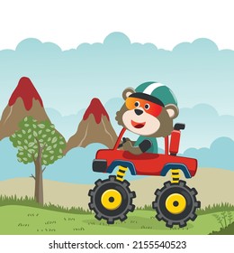 Vector illustration of monster truck with funny animal driver. Can be used for t-shirt print, kids wear fashion design, invitation card. fabric, textile, nursery wallpaper, poster and other decoration