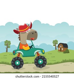Vector illustration of monster truck with funny animal driver. Can be used for t-shirt print, kids wear fashion design, invitation card. fabric, textile, nursery wallpaper, poster and other decoration