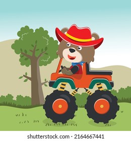 Vector illustration of monster truck with funny animal driver. Can be used for t-shirt print, kids wear fashion design, invitation card. fabric, textile, nursery wallpaper, poster and other decoration