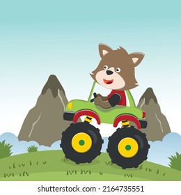 Vector illustration of monster truck with funny animal driver. Can be used for t-shirt print, kids wear fashion design, invitation card. fabric, textile, nursery wallpaper, poster and other decoration