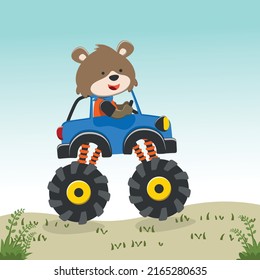 Vector illustration of monster truck with funny animal driver. Can be used for t-shirt print, kids wear fashion design, invitation card. fabric, textile, nursery wallpaper, poster and other decoration