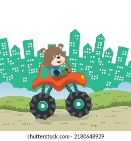 Vector illustration of monster truck with funny animal driver. Can be used for t-shirt print, kids wear fashion design, invitation card. fabric, textile, nursery wallpaper, poster and other decoration