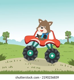 Vector illustration of monster truck with funny animal driver. Can be used for t-shirt print, kids wear fashion design, invitation card. fabric, textile, nursery wallpaper, poster and other decoration