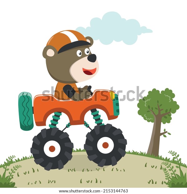 Vector illustration of monster truck with\
funny animal driver. Can be used for t-shirt print, kids wear\
fashion design, invitation card. fabric, textile, nursery\
wallpaper, poster and other\
decoration