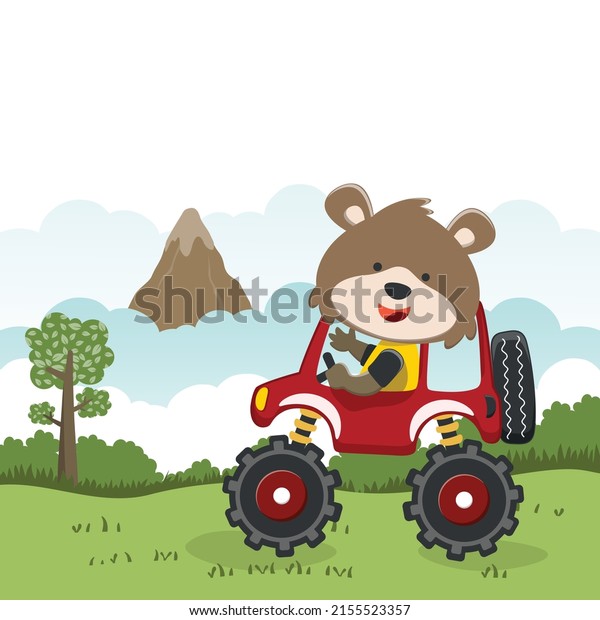 Vector illustration of monster truck with\
funny animal driver. Can be used for t-shirt print, kids wear\
fashion design, invitation card. fabric, textile, nursery\
wallpaper, poster and other\
decoration