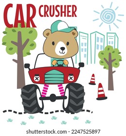 Vector illustration of monster truck with little bear driver. Can be used for t-shirt print, kids wear fashion design, invitation card. fabric, textile, nursery wallpaper and other decoration.